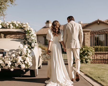 Bride and groom walking hand in hand down sunlit suburban street beside vintage floral car, with bride, groom, walking, handinhand detail, showing sunlit, suburban, street, vintage context
