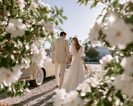Bride and groom walking along sunlit gravel drive beside white blossoms, vintage car, and distant water, creating relaxed romantic outdoor wedding portrait, with bride, groom, wedding, couple detail