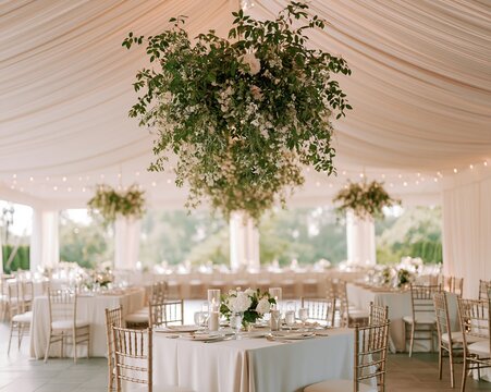 Elegant wedding reception tent interior with draped ceiling, hanging greenery centerpiece, round tables, white linens, gold chairs, soft daylight, spacious event layout