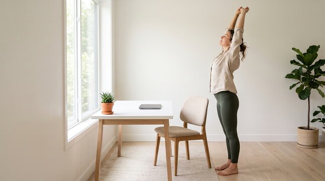 Woman stretching in modern home office
