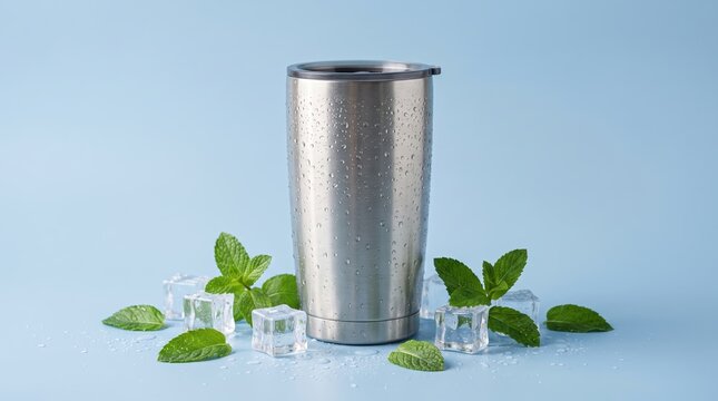 Silver stainless steel tumbler with ice and mint on blue background