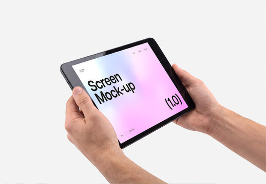Close Up of Person Hands Holding Tablet Screen Mockup