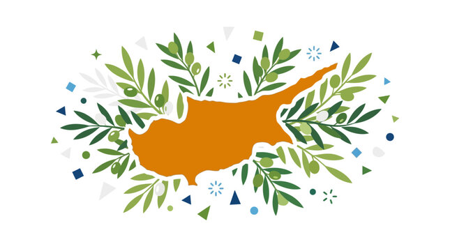 Cyprus map outline with olive branches and geometric shapes