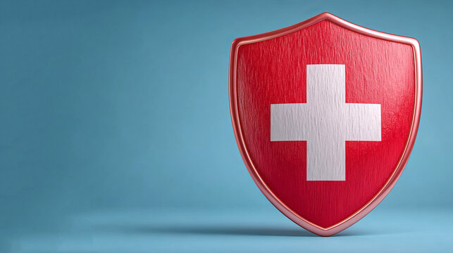 A glossy red shield with a bold centered white cross emblem, set against a smooth solid light blue background, casting a soft subtle shadow below.

