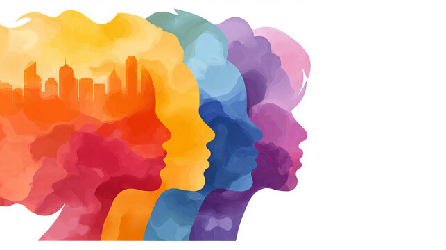 This watercolor illustration features a pure white background with four horizontally layered silhouettes of women's profiles in gradient colors. The warm orange silhouette on the far left is embedded 