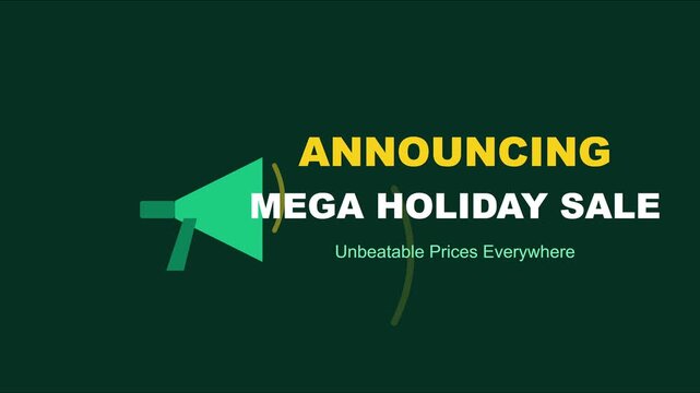 Announcing mega holiday sale motion with megaphone and unbeatable prices text animation 4k mega sale