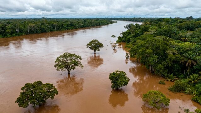 Aerial view of a flooded river in a tropical rainforest with submerged trees and dense greenery under cloudy skies