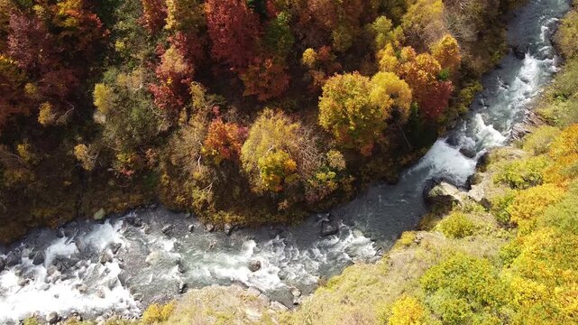 Aerial View of Kholodny Glacier and Bzerpinsky Cornice in Autumn, Krasnaya Polyana, Russia