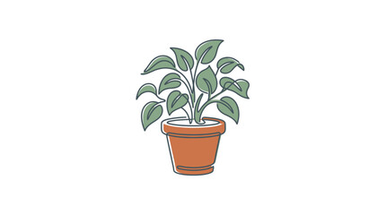 Fototapeta premium A single continuous line drawing of a potted houseplant with green leaves.