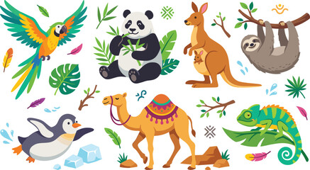Naklejka premium Cute Cartoon Wild Animals and Exotic Wildlife Vector Set Featuring Parrot, Panda, Kangaroo, Sloth, Penguin, Camel, and Chameleon for Kids Educational Designs