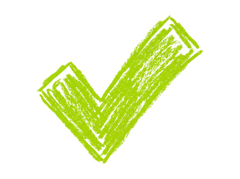 Hand drawn green check mark symbol created with a crayon texture for positive validation and completed task verification design elements