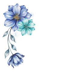 Obraz premium Blue and turquoise flowers with leaves on a white background, isolated on a, transparent background