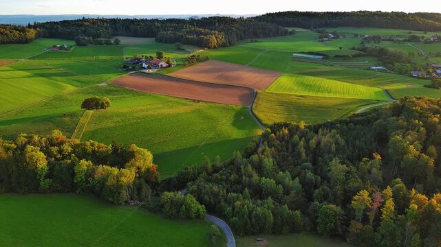 Golden Hour Drone Flight Over Picturesque Rural European Landscape
