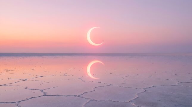 Dramatic sunset over salt flats with crescent moon reflections peaceful landscape photography