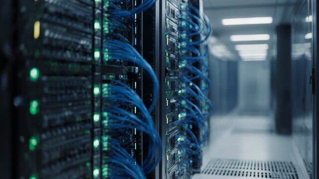 Rows of server racks with glowing blue lights and cables in a data center with subtle camera movement