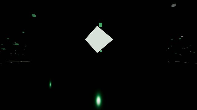 Abstract minimalist animation of a rotating green 3D geometric polygon floating in a dark retro-futuristic space with glowing neon light leaks and pixelated elements, perfect for loop backgrounds.