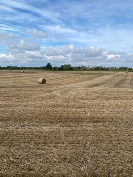 Round hay bale in harvested field under blue sky with clouds