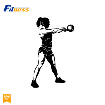 Woman doing kettlebell fitness exercise silhouette vector illustration for gym, workout logo, and fitness crossfit poster.