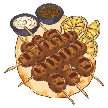 Grilled Meat Kebab and Shish Tawook Skewers Illustration