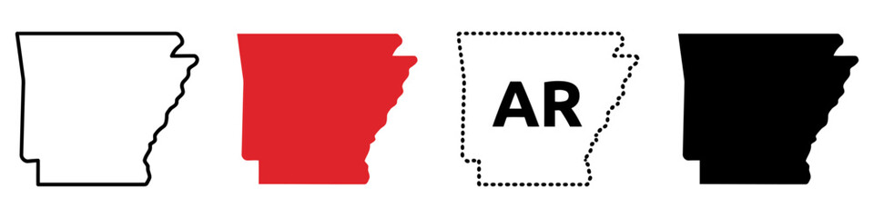 Arkansas state map outline icons, set of 4 vector silhouettes. Minimalist AR geographic borders for infographics and travel design. © Mstshima