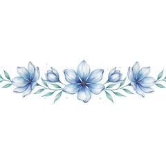 Obraz premium Blue flowers and green leaves arranged in a horizontal border isolated on a transparent background