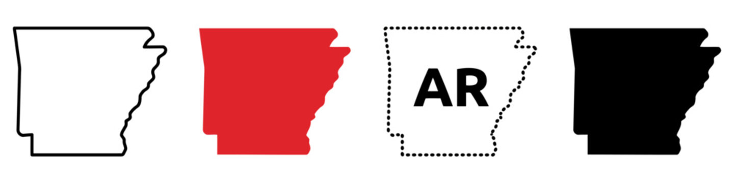 Arkansas state map outline icons, set of 4 vector silhouettes. Minimalist AR geographic borders for infographics and travel design.