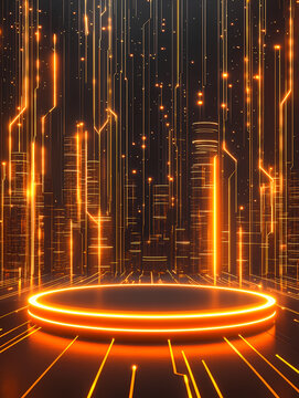 Futuristic Digital Stage with Orange Glow