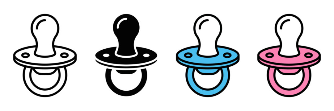 Baby pacifier vector icon set, newborn dummy collection in outline and flat styles, blue and pink infant soother graphics for nursery design