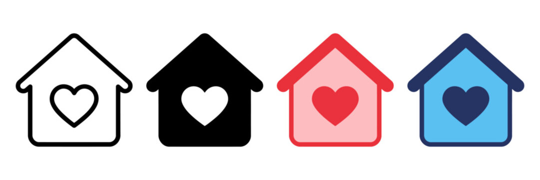 Minimalist house heart icons set, 4 home love vector symbols. Real estate charity and family housing graphics for web design.