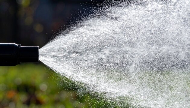 Water Spray Nozzle Spraying Fine Mist Droplets in Sunlight Garden Irrigation Concept