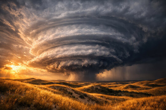 Dramatic supercell thunderstorm over a golden grassland at sunset. Rotating storm cloud, heavy rain, and powerful weather phenomenon illustrating climate danger and natural forces.