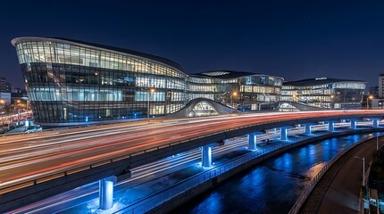 Naklejka premium Contemporary urban architecture complex featuring illuminated glass skyscrapers and busy roads
