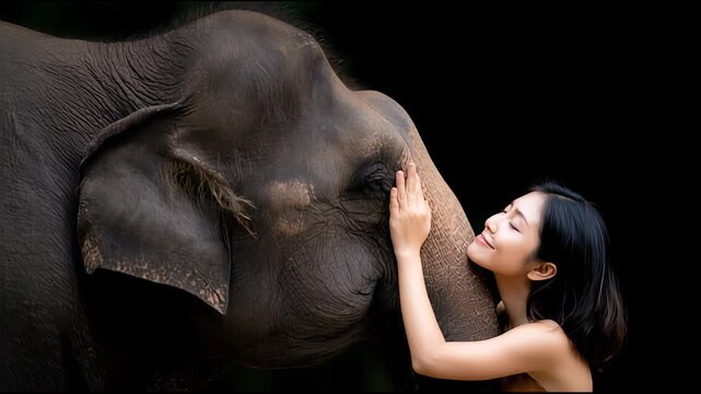 Woman affectionately interacting with an elephant against dark background