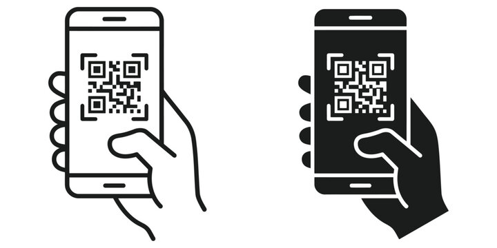 QR code scanning icons on smartphone screen, hand holding mobile phone with digital barcode, flat vector set for payment and data