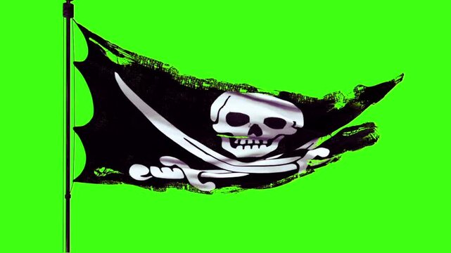Tattered Jolly Roger Pirate Flag Waving in the Wind on Green Screen