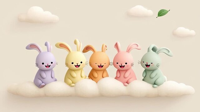 Adorable bunnies on a cloud with hearts and leaves in whimsical animation