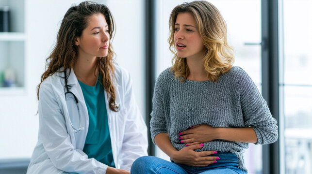a female physician attentively consulting with a young woman experiencing abdominal discomfort inside a modern medical clinic
