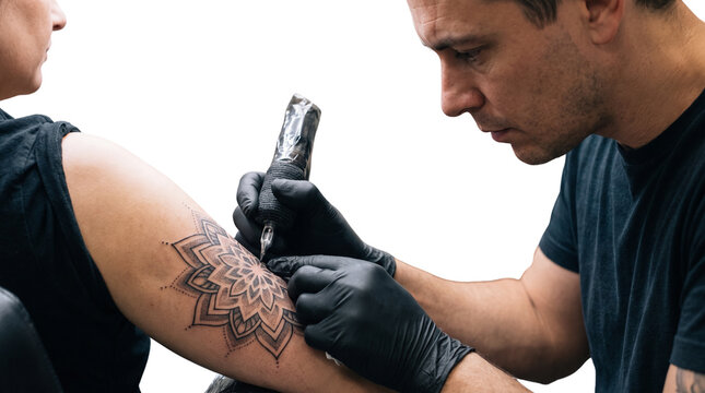Professional tattoo artist working on mandala arm piece. Male artist tattooing intricate floral design. Tattoo studio session on white background.