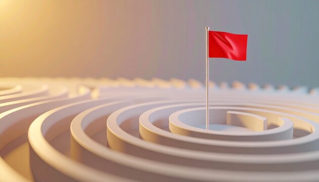 Red Flag Standing at Center of Circular Maze Goal Achievement Concept