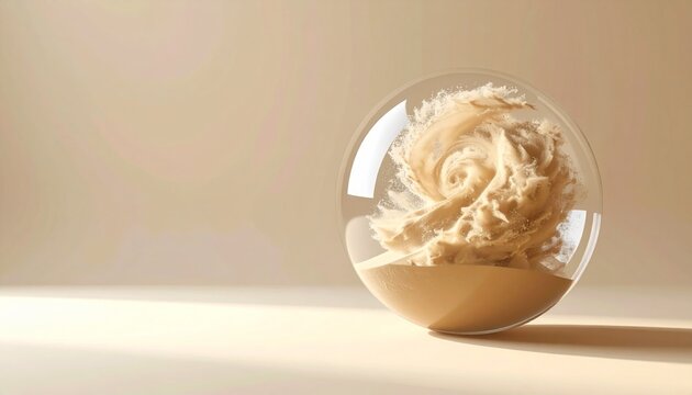 Swirling Sand Storm Inside Glass Sphere Surreal Desert Concept on Beige Background