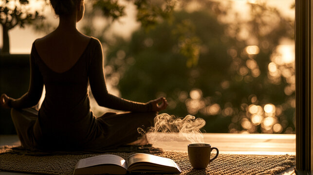 a peaceful young woman meditating cross-legged on a cozy balcony at sunrise, viewed from behind. Warm golden morning sunlight