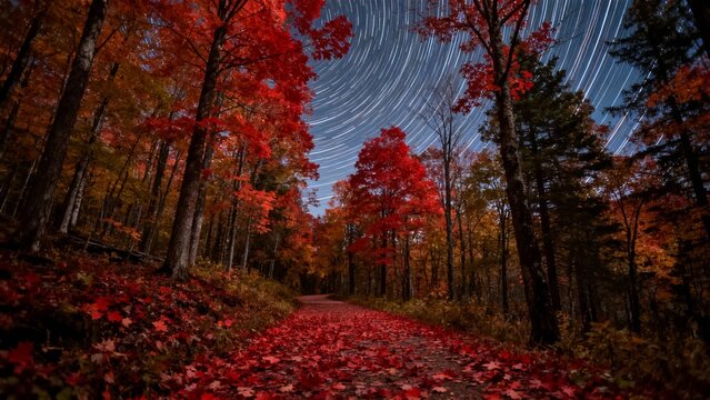 Autumn forest path covered in red leaves under star trails in the night sky