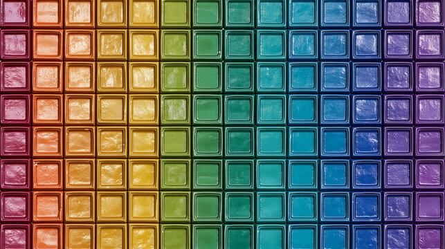 abstract background featuring perfectly aligned handcrafted ceramic square tiles arranged in a seamless vertical rainbow gradient