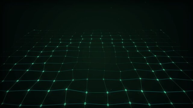 Glowing green digital plexus grid landscape with pulsing nodes and lines on black background. Futuristic cybersecurity network interface and abstract technology concept, camera perspective view.