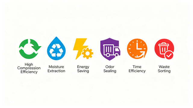 Kitchen waste equipment selling point icon kit, representing dehydration, energy saving, and odor locking concepts, suitable for cross-border e-commerce detail pages of garbage compressors.
