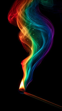 a single burning wooden matchstick with rainbow-colored smoke  isolated on black background