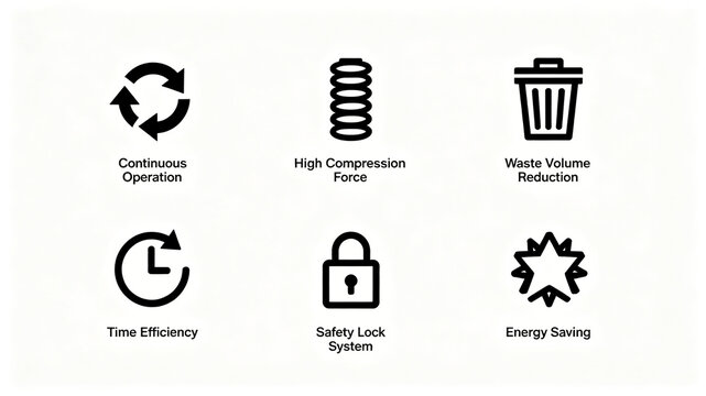 Black linear compression equipment icon set, representing continuous operation, strong compression, and energy-saving concepts, suitable for long product introductions of garbage equipment.

