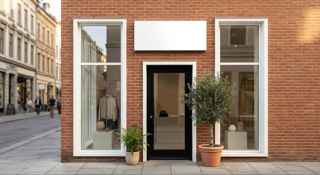 Blank white sign mockup above a boutique store entrance with a brick facade, large windows, and potted plants on a city street.