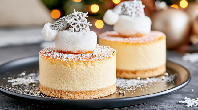 Delicious holiday cakes on a plate, decorated with Santa hats