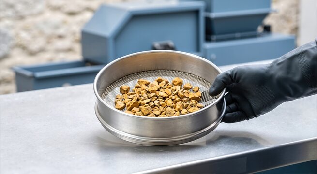 Gloved hand holding a metal sieve with crushed ochre gold ore. Quality control and mineral processing in the mining industry. Industrial laboratory testing